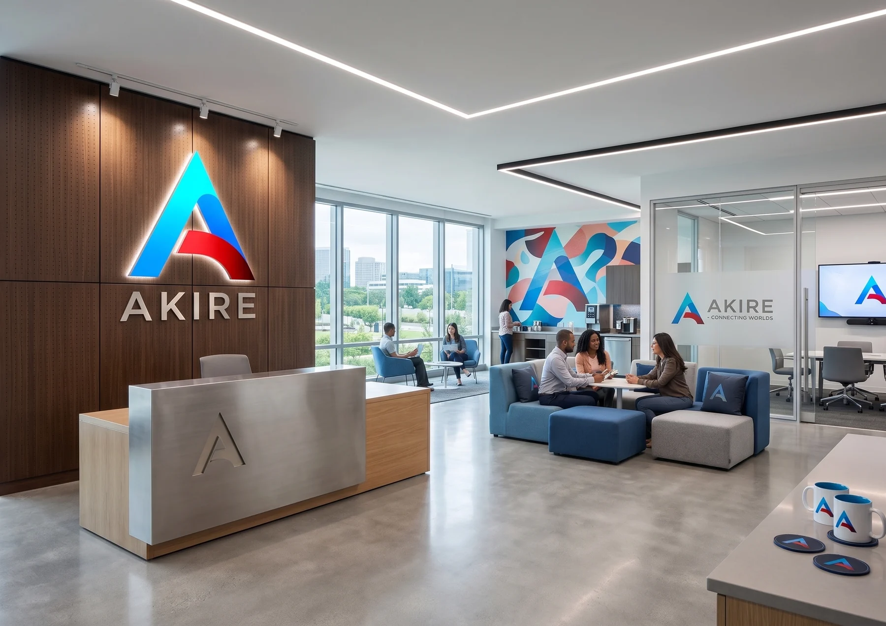 Area resepsionis kantor dengan identitas AKIRE